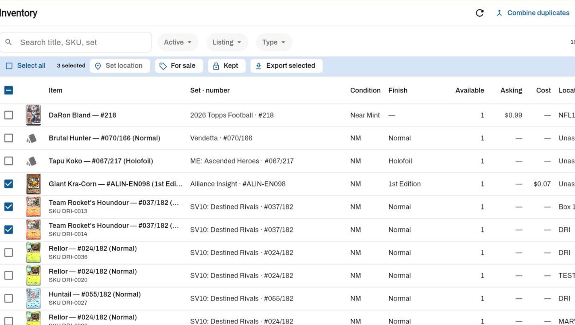BinderTrax Management Portal inventory with tiles, selection and bulk actions