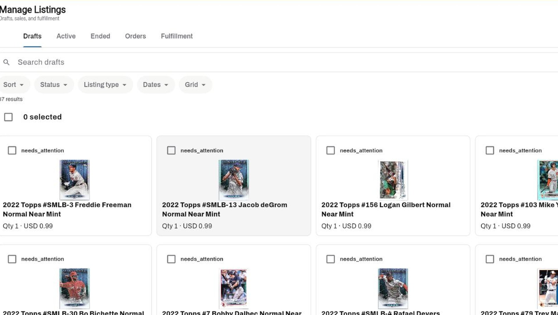 Listings in the portal: drafts as tiles with select-all