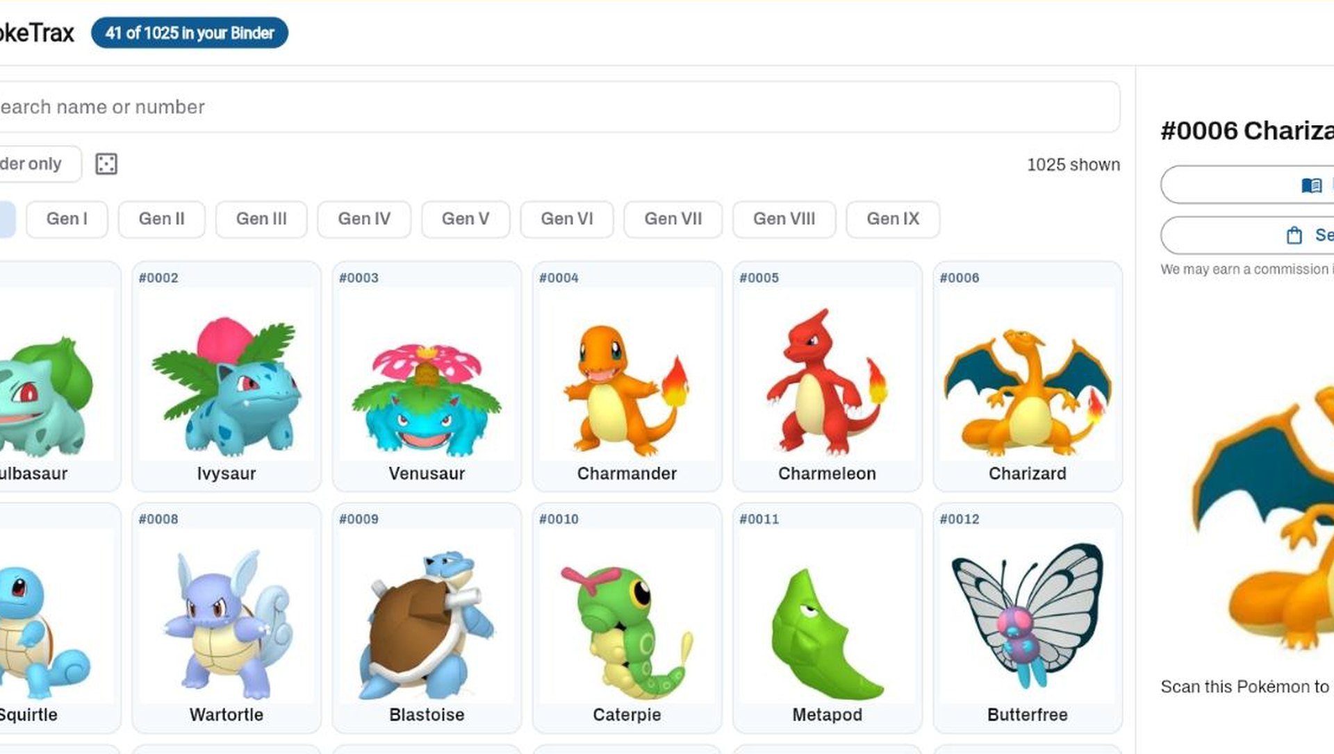 PokeTrax in the portal: six Pokemon across with the tapped one open beside the grid