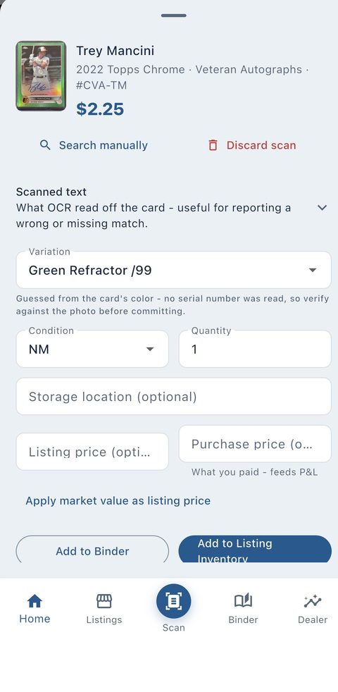 BinderTrax card scanner result