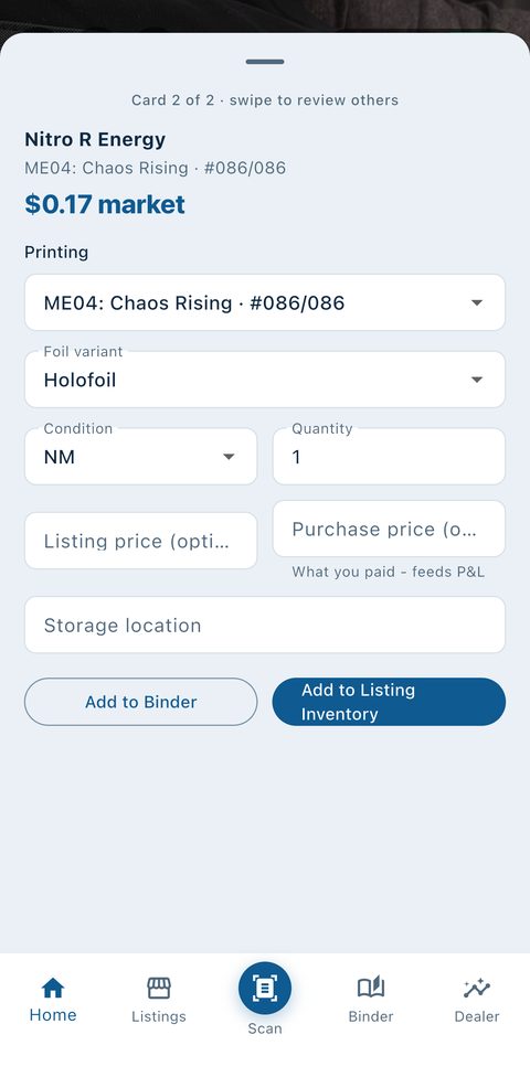 Scan review with condition and storage details